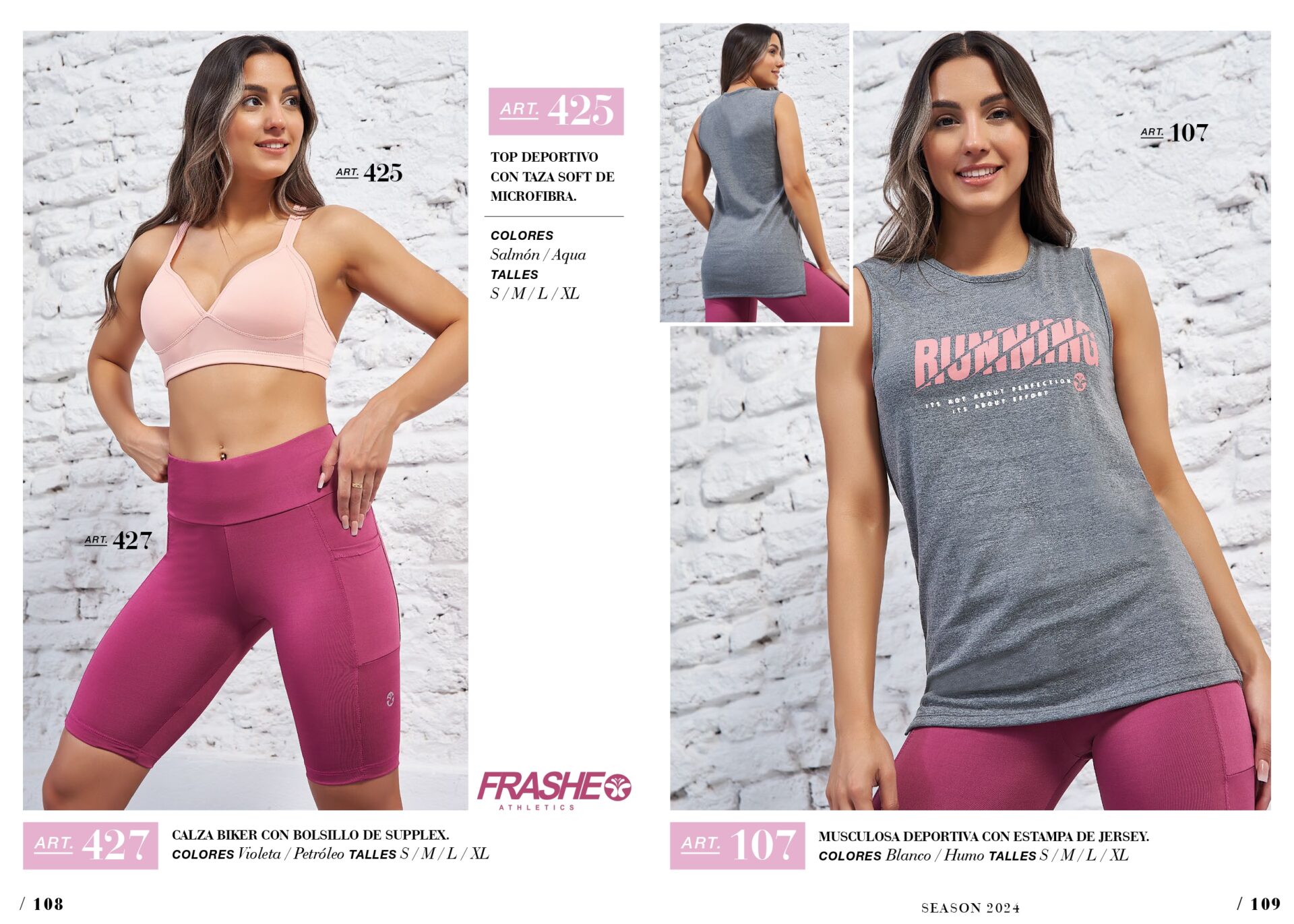 FRASHE athletics 427 calza biker violeta 425 top salmon 107 musculosa humo